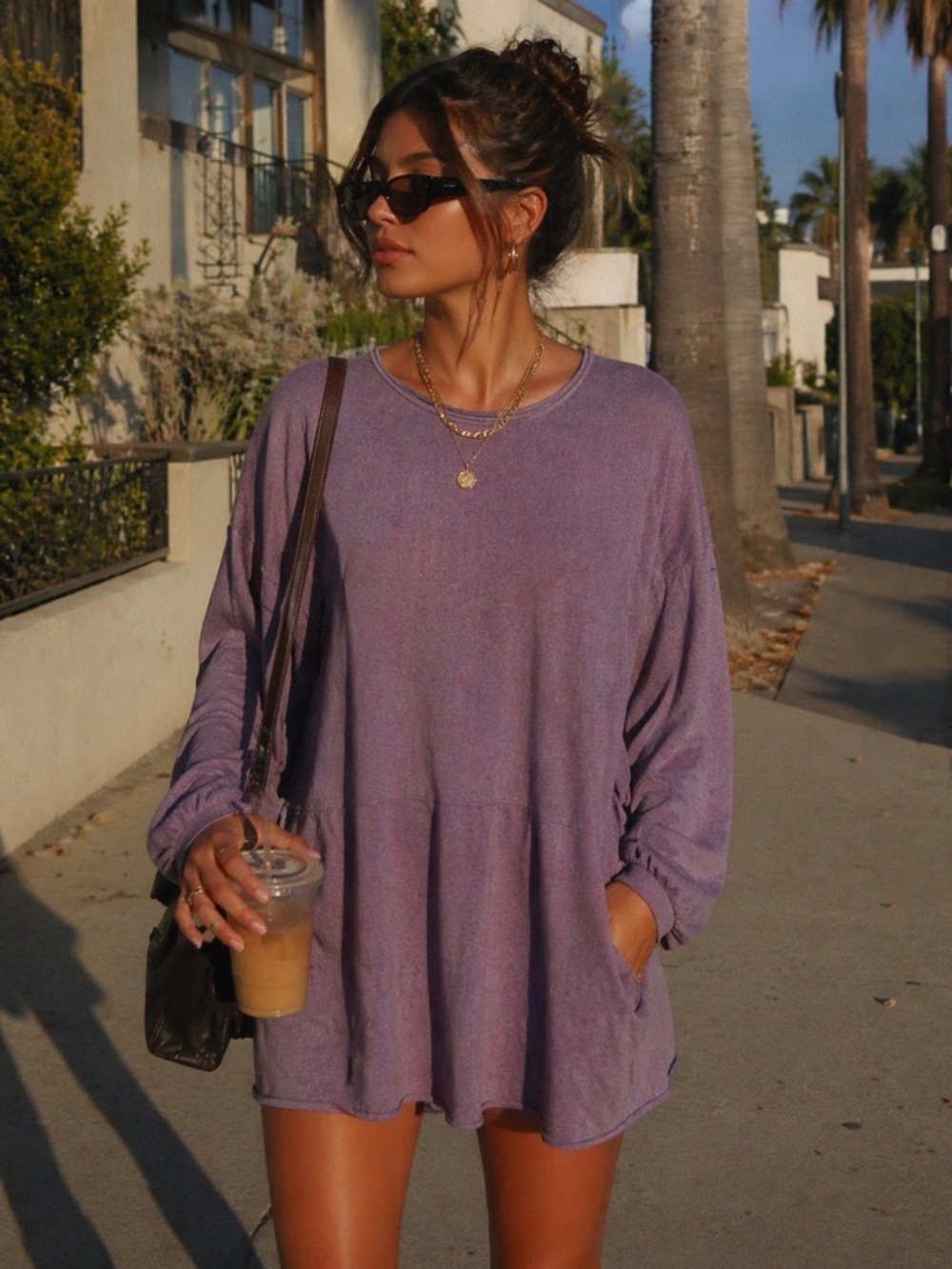 Pure Jill Cotton Cashmere Tunic Sweater Heather Purple Relaxed Kangaroo Pocket M